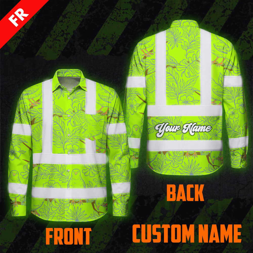 Hi Vis FR Button Long Sleeves Reflective Tapes Lime Neon White 2 Flowers Hi-Vis Work Shirt