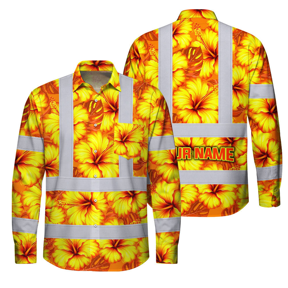 Hi Vis FR Button Long Sleeves Reflective Tapes Orange Neon And Yellow Flowers Hi-Vis Work Shirt