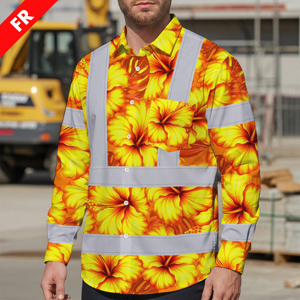Hi Vis FR Button Long Sleeves Reflective Tapes Orange Neon And Yellow Flowers Hi-Vis Work Shirt