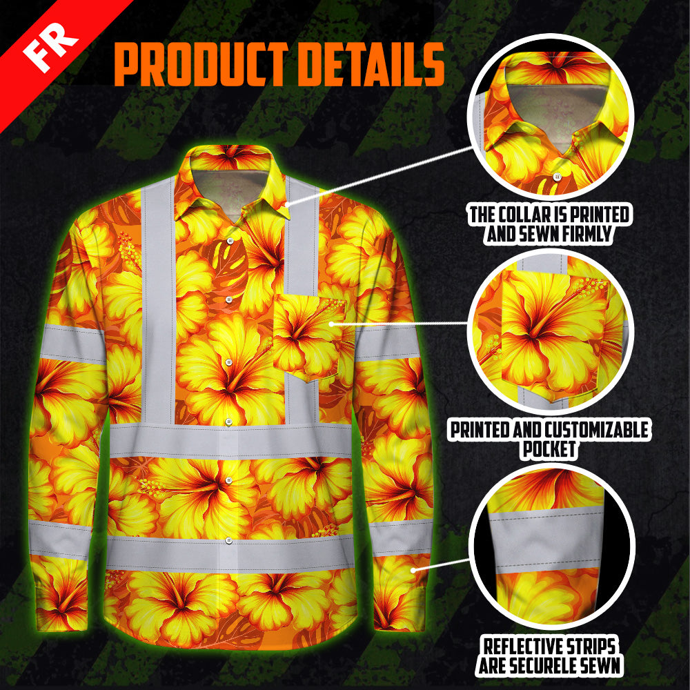 Hi Vis FR Button Long Sleeves Reflective Tapes Orange Neon And Yellow Flowers Hi-Vis Work Shirt