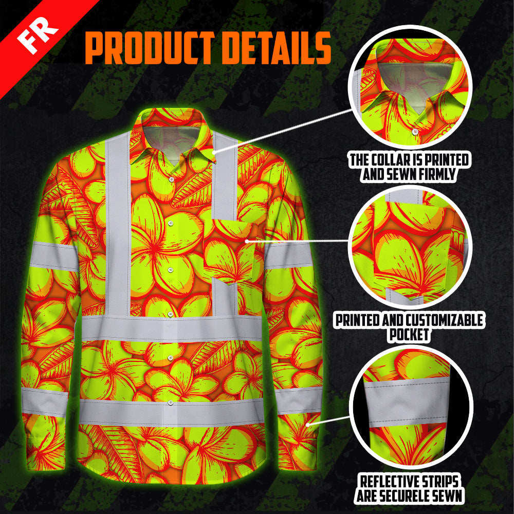 Hi Vis FR Button Long Sleeves Reflective Tapes Orange Neon Lime Plumeria Hi-Vis Work Shirt
