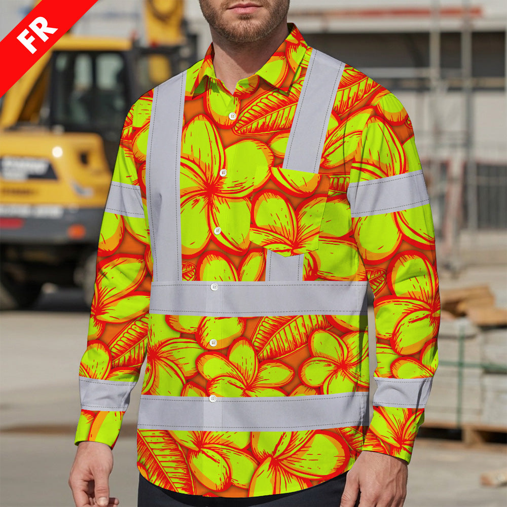 Hi Vis FR Button Long Sleeves Reflective Tapes Orange Neon Lime Plumeria Hi-Vis Work Shirt