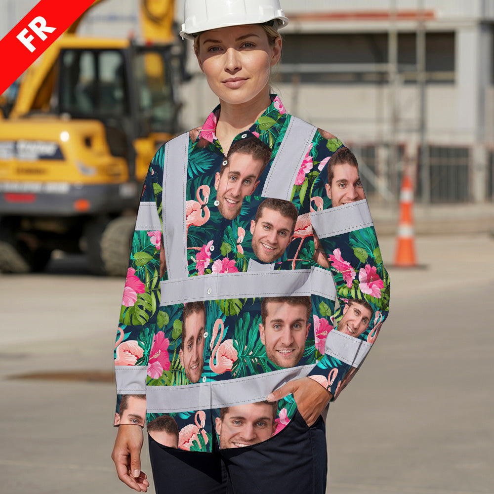 Hi Vis FR Button Long Sleeves Reflective Tapes Pink And Green 2 Hi-Vis Work Shirt