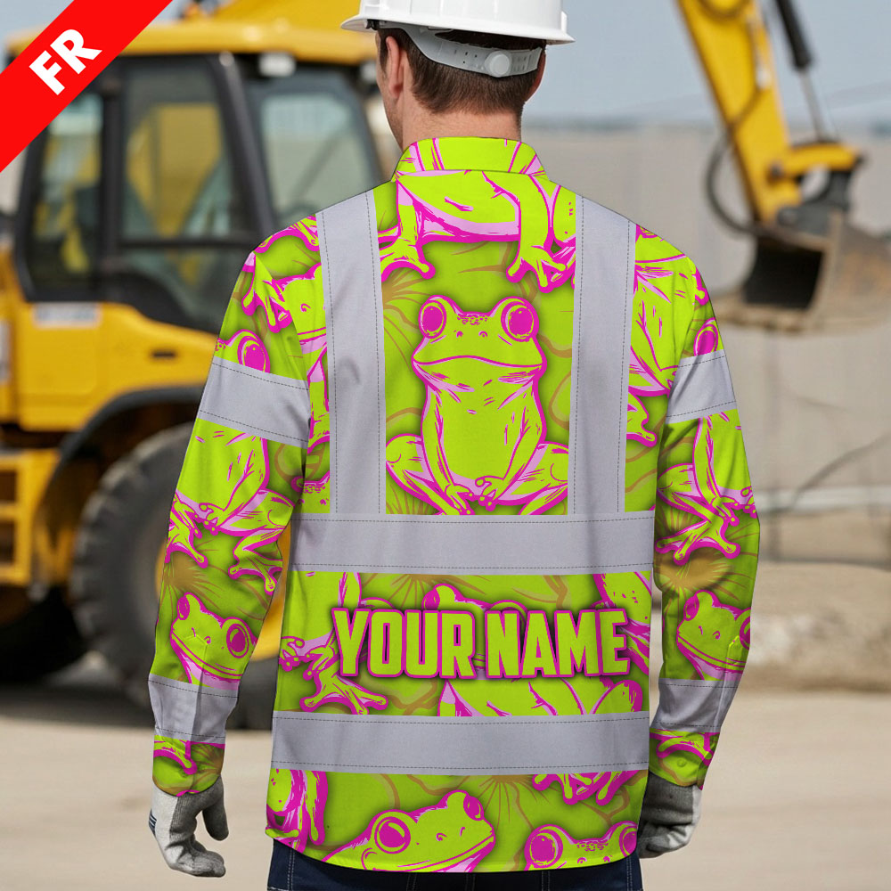 Hi Vis FR Button Long Sleeves Reflective Tapes Pink And Lime Neon Frog Hi-Vis Work Shirt