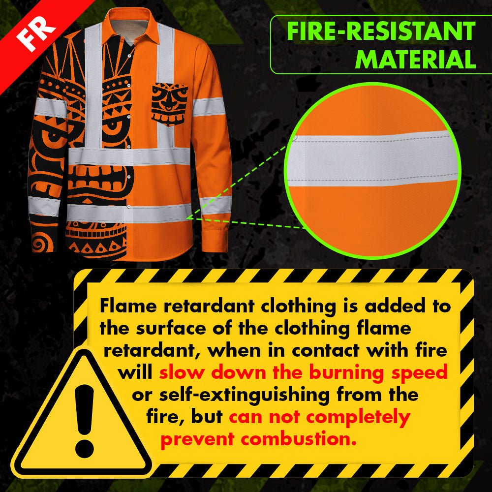 Hi Vis FR Button Long Sleeves Reflective Tapes TiKi Hawaiian Orange Neon Hi-Vis Work Shirt
