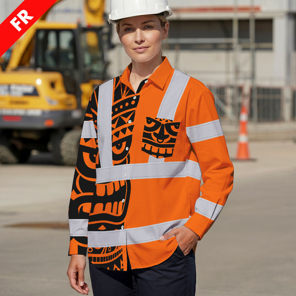 Hi Vis FR Button Long Sleeves Reflective Tapes TiKi Hawaiian Orange Neon Hi-Vis Work Shirt