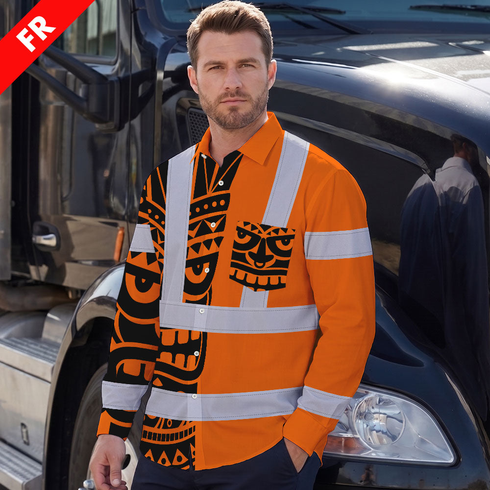 Hi Vis FR Button Long Sleeves Reflective Tapes TiKi Hawaiian Orange Neon Hi-Vis Work Shirt