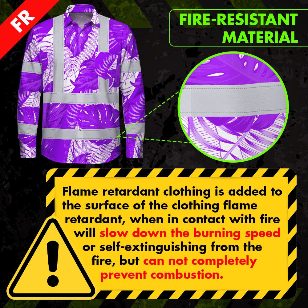 Hi Vis FR Button Long Sleeves Reflective Tapes Violet Neon Flowers Hi-Vis Work Shirt