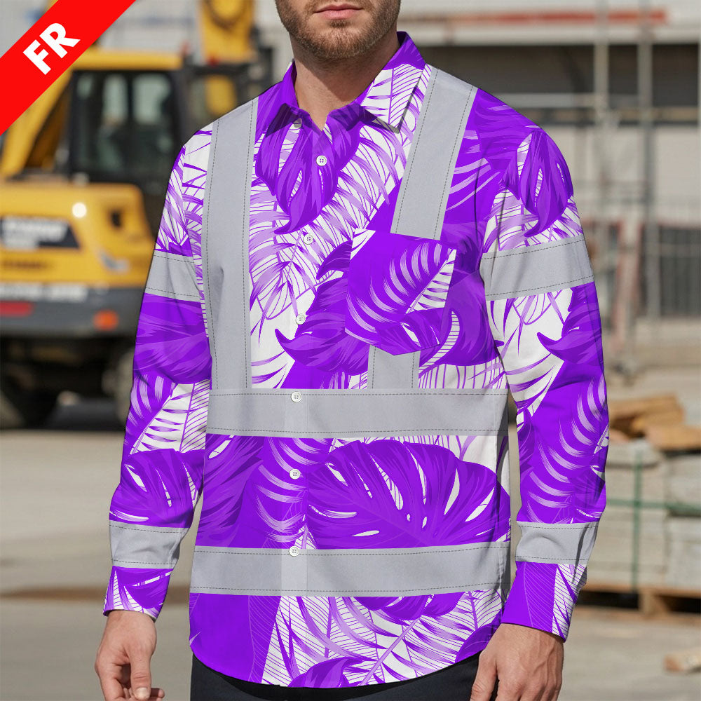 Hi Vis FR Button Long Sleeves Reflective Tapes Violet Neon Flowers Hi-Vis Work Shirt