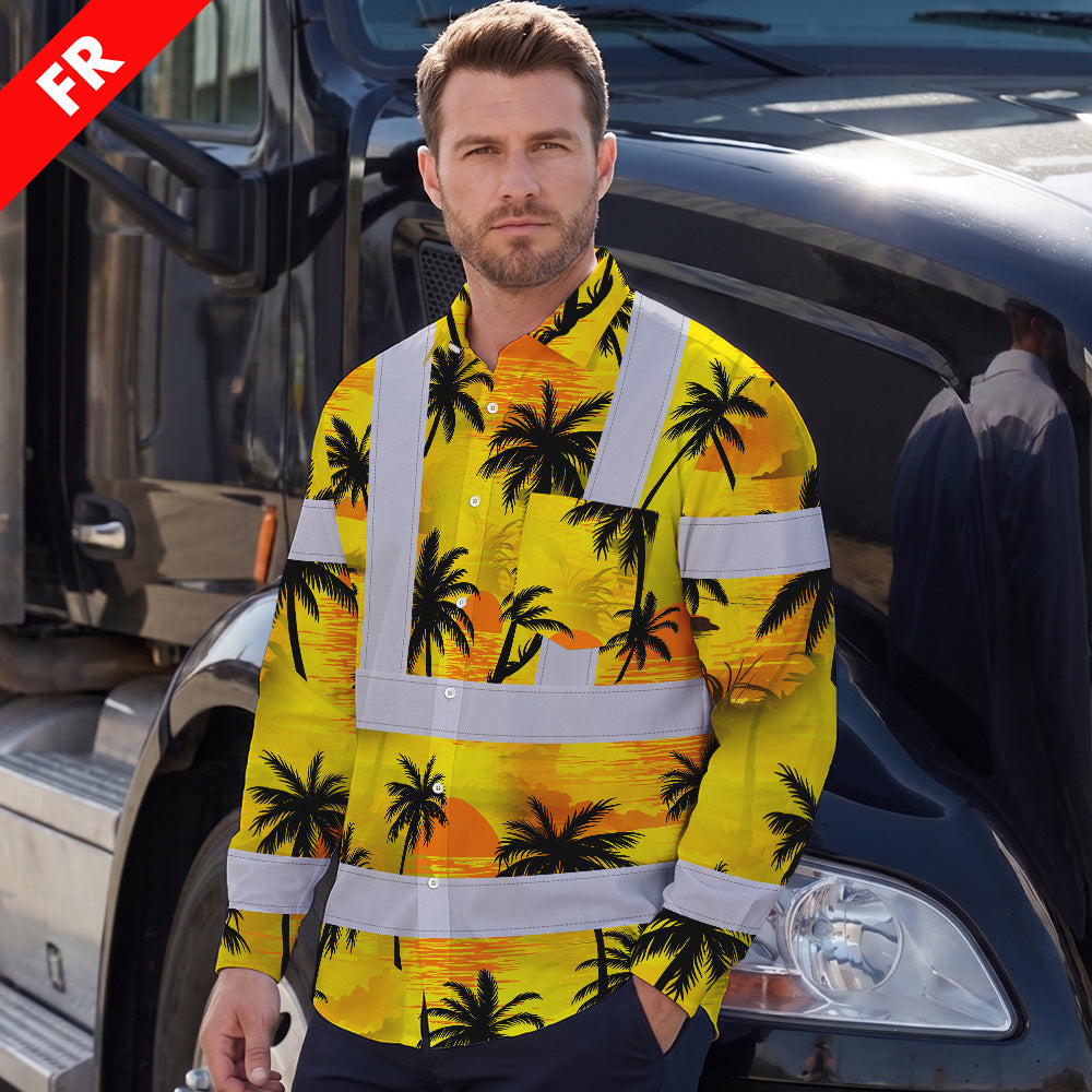 Hi Vis FR Button Long Sleeves Reflective Tapes Yellow Neon Flowers Hi-Vis Work Shirt
