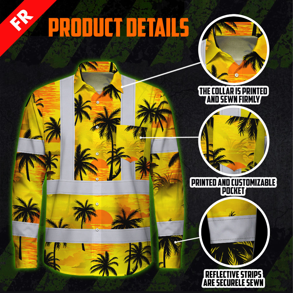 Hi Vis FR Button Long Sleeves Reflective Tapes Yellow Neon Flowers Hi-Vis Work Shirt