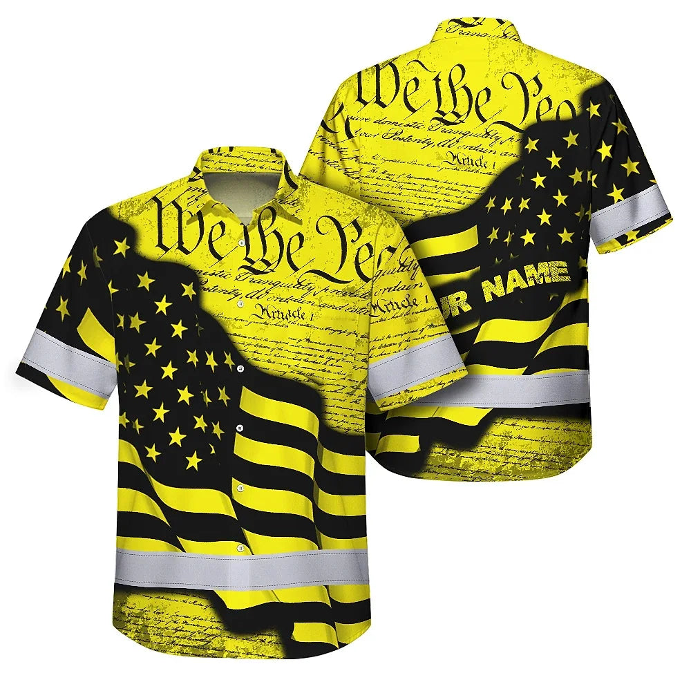 Hi Vis Hawaiian American Flag Shirt, Yellow Neon Hi-Vis Work Shirt
