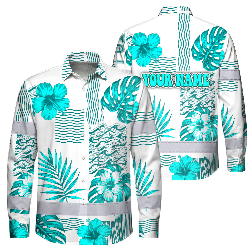 Hi Vis Hawaiian Long Sleeve Shirt Reflective Tape Blue Neon White Flower Hi-Vis Long Sleeve Shirt