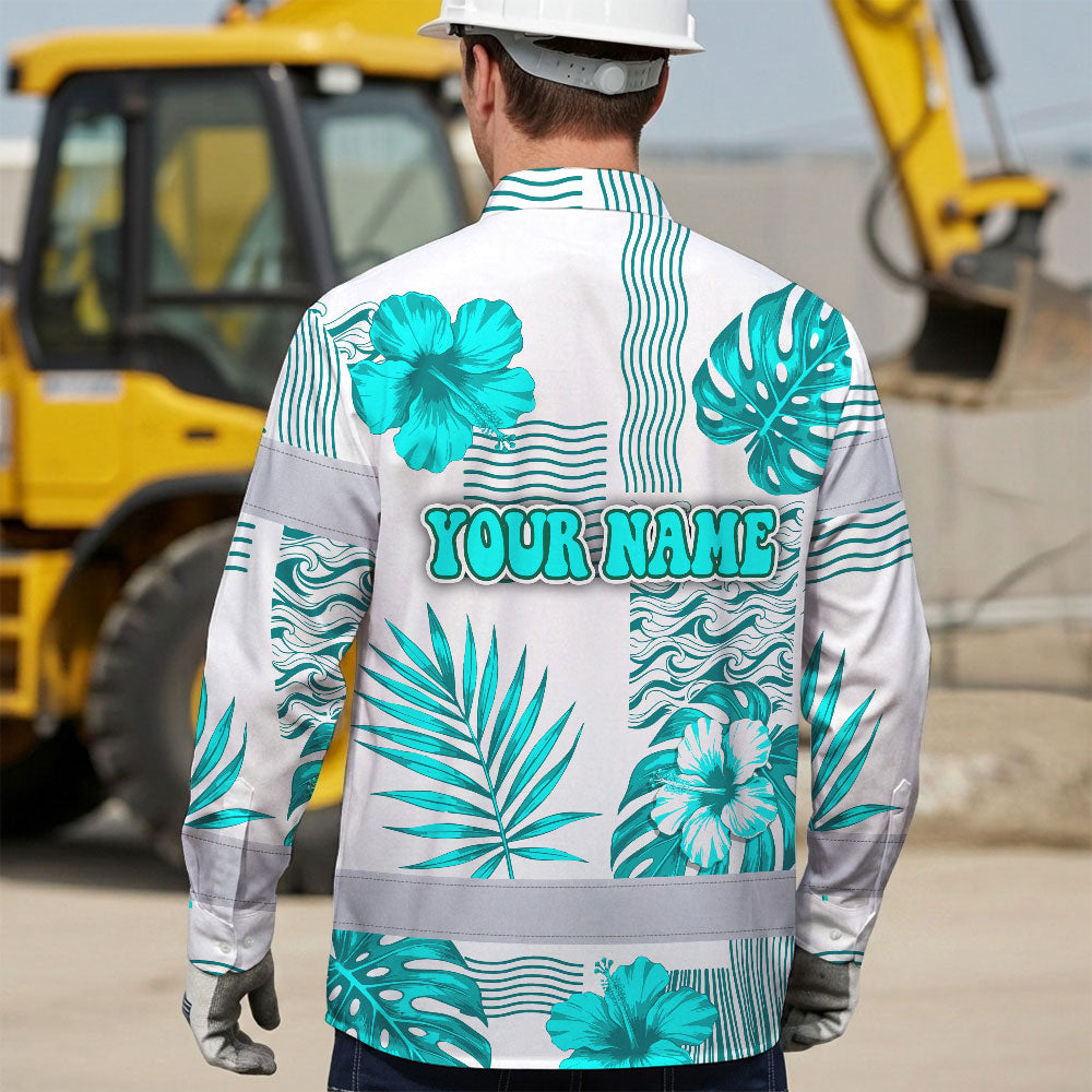 Hi Vis Hawaiian Long Sleeve Shirt Reflective Tape Blue Neon White Flower Hi-Vis Long Sleeve Shirt