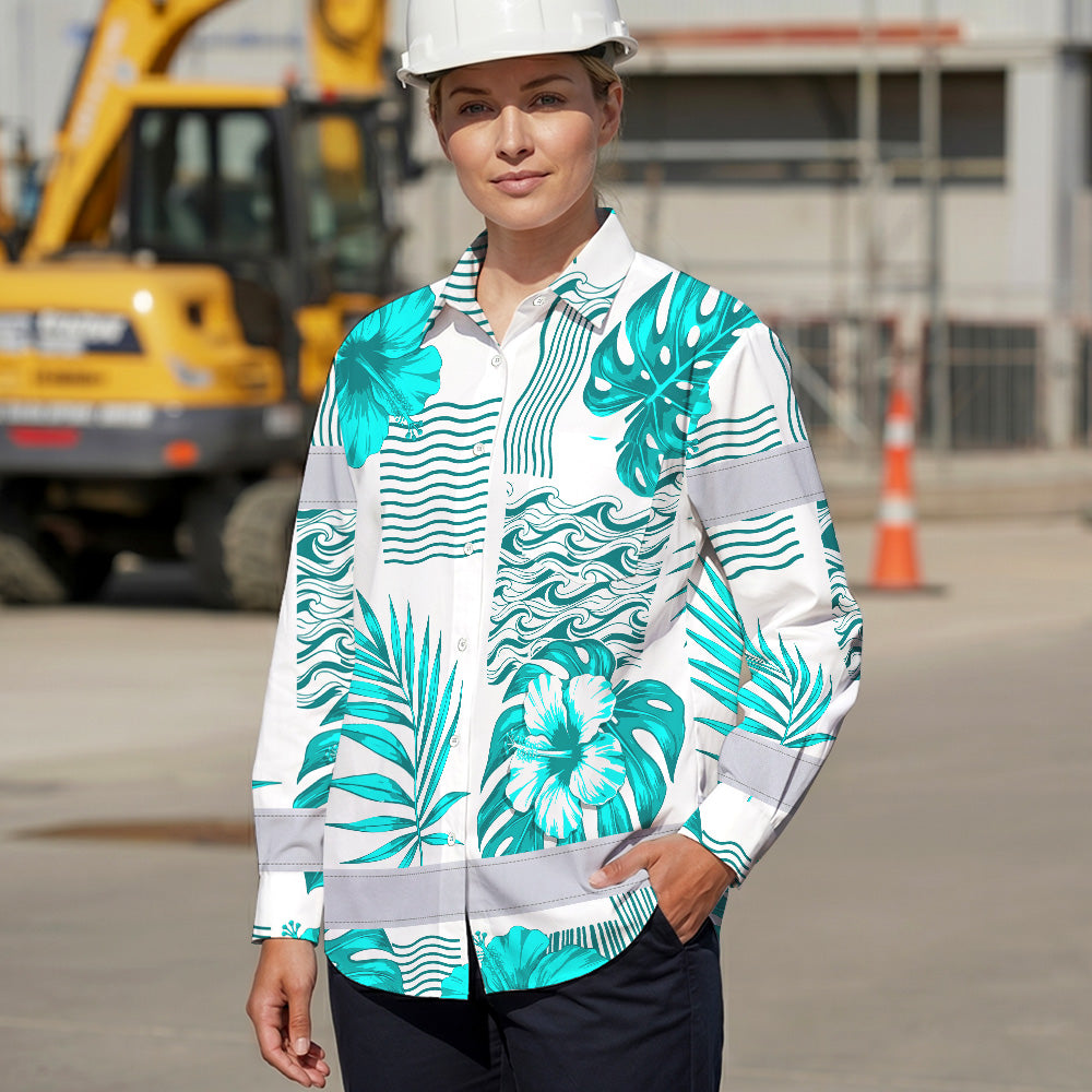 Hi Vis Hawaiian Long Sleeve Shirt Reflective Tape Blue Neon White Flower Hi-Vis Long Sleeve Shirt