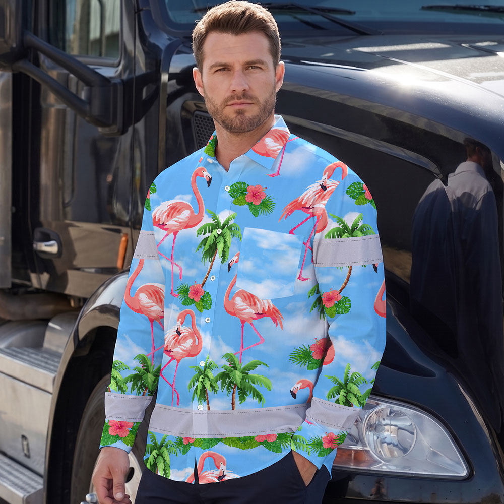 Hi Vis Hawaiian Long Sleeve Shirt Reflective Tape Blue Pink Flamingo Hi-Vis Long Sleeve Shirt