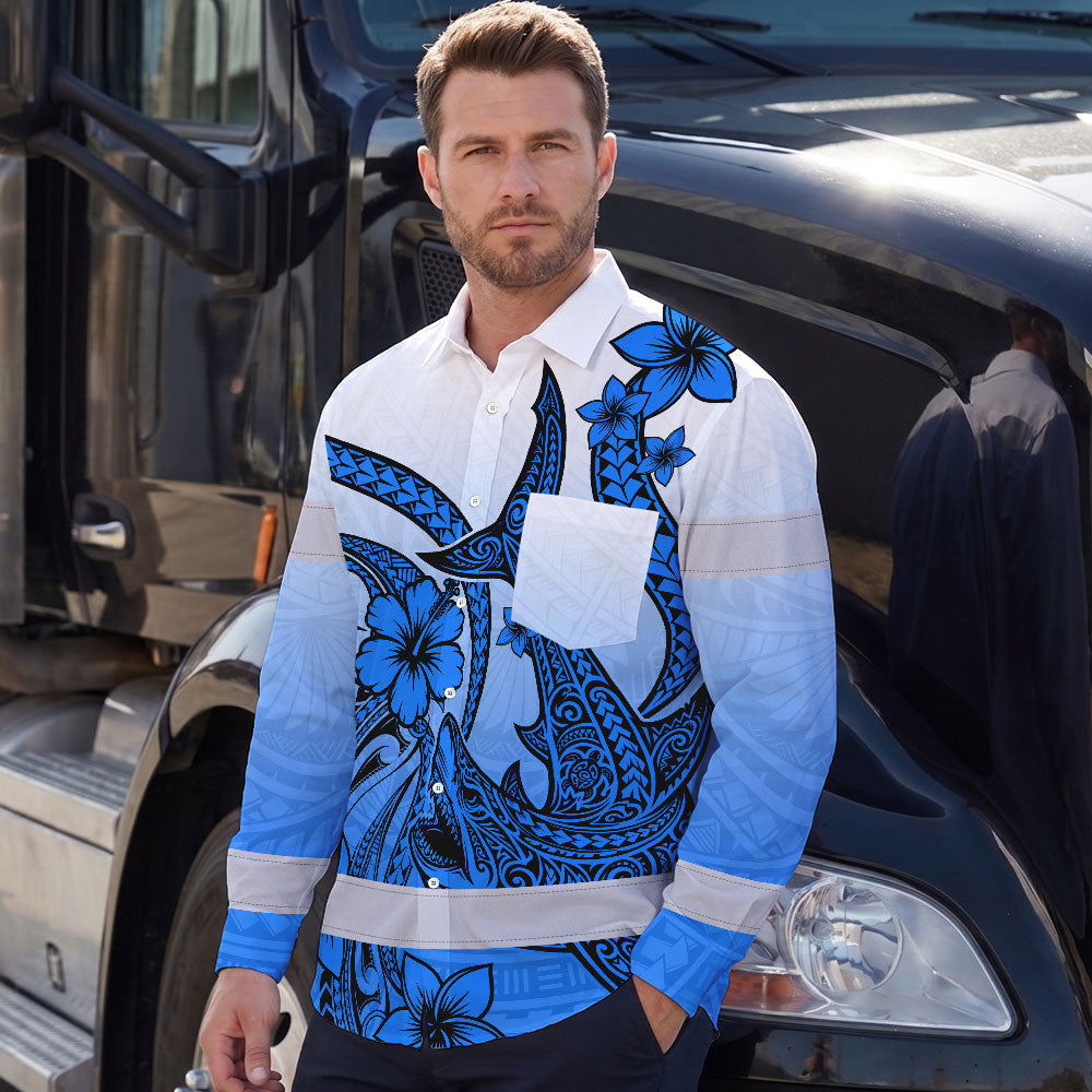 Hi Vis Hawaiian Long Sleeve Shirt Reflective Tape Blue Pink Neon Polynesian Hi-Vis Long Sleeve Shirt