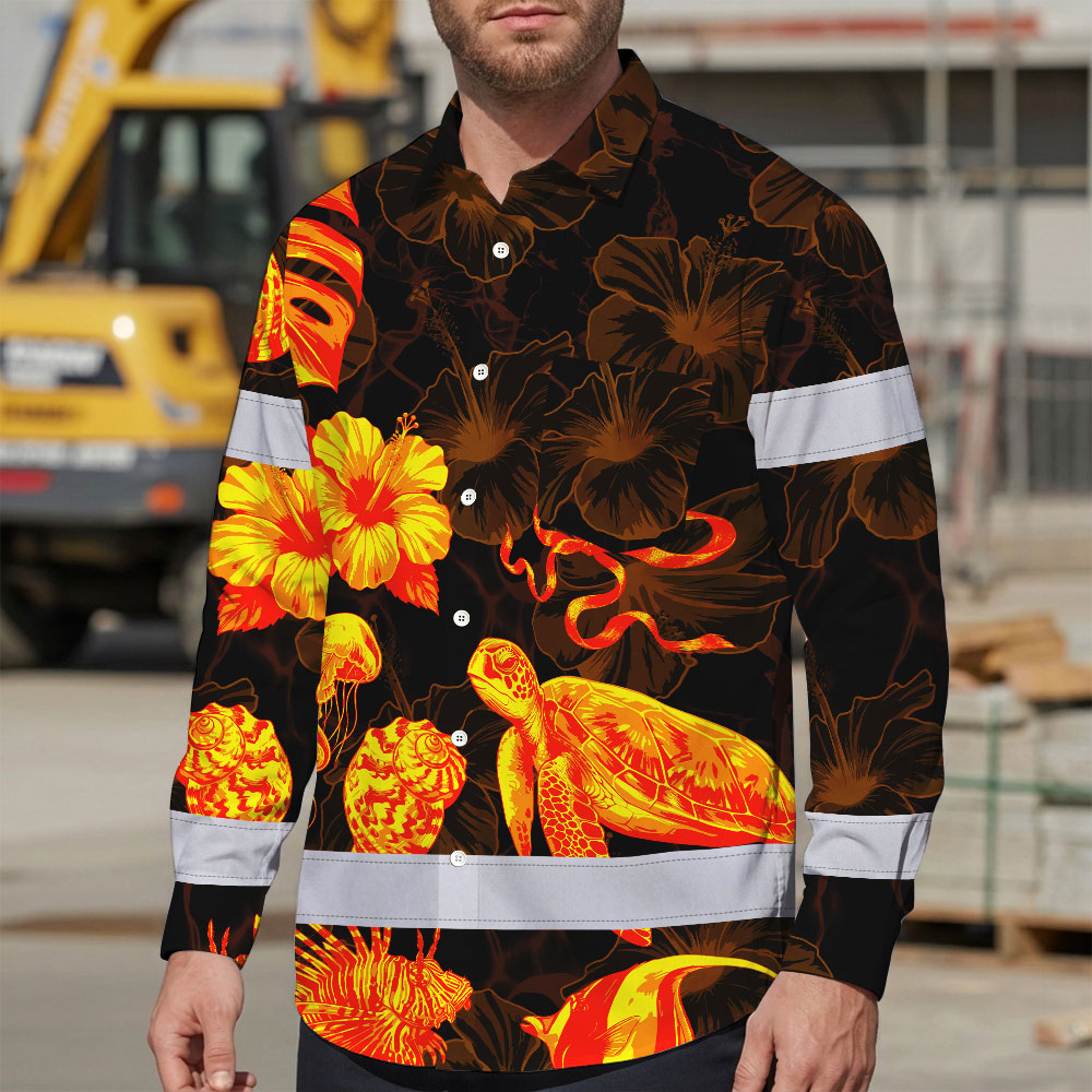 Hi Vis Hawaiian Long Sleeve Shirt Reflective Tape Gradient Orange Neon Turtle Hi-Vis Long Sleeve Shirt