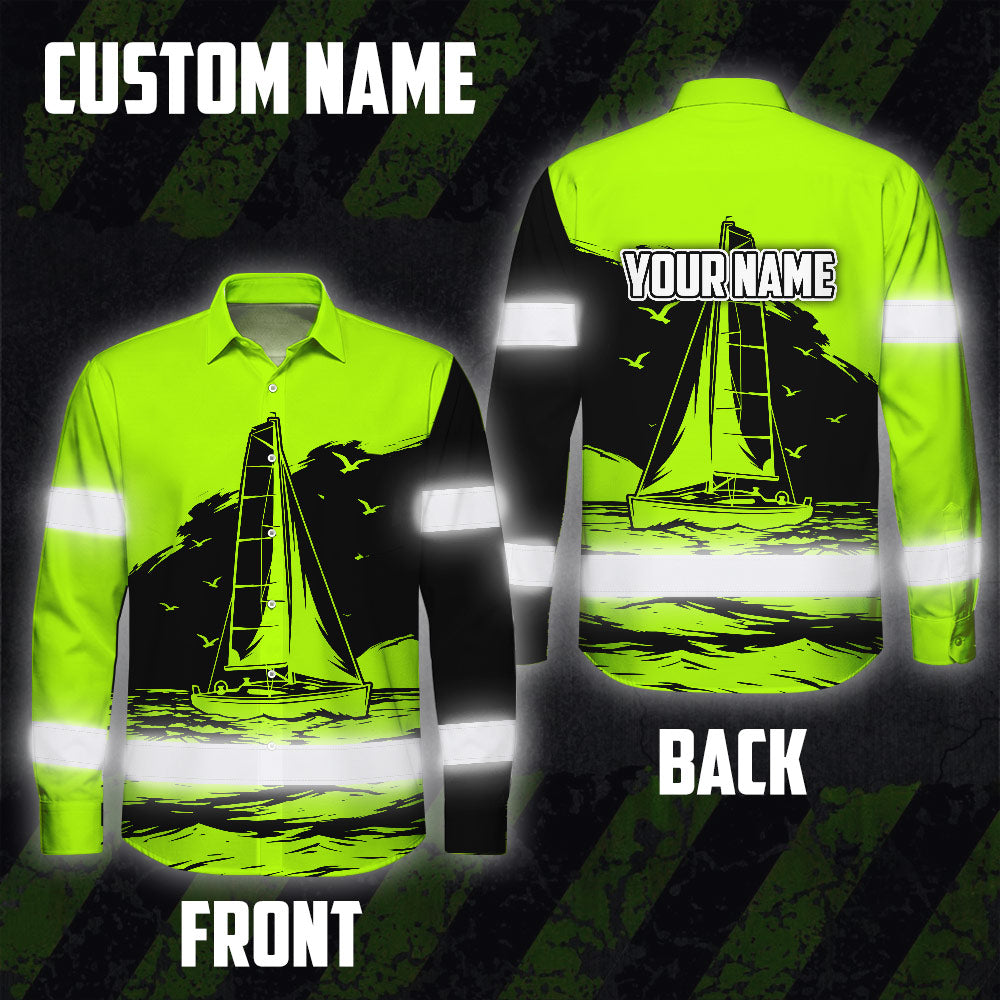 Hi Vis Hawaiian Long Sleeve Shirt Reflective Tape Lime Neon Sea Boat Hi-Vis Long Sleeve Shirt