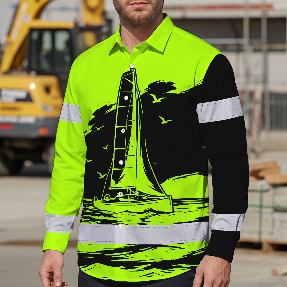 Hi Vis Hawaiian Long Sleeve Shirt Reflective Tape Lime Neon Sea Boat Hi-Vis Long Sleeve Shirt