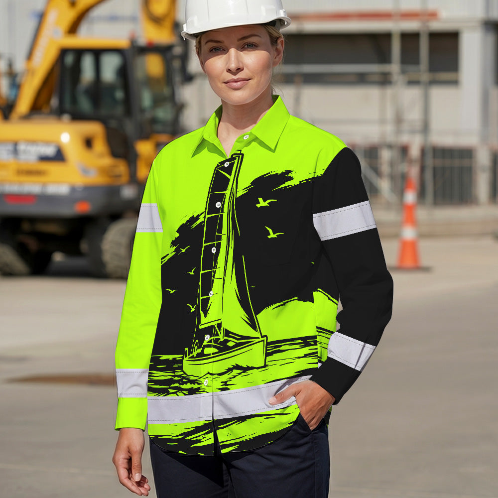 Hi Vis Hawaiian Long Sleeve Shirt Reflective Tape Lime Neon Sea Boat Hi-Vis Long Sleeve Shirt