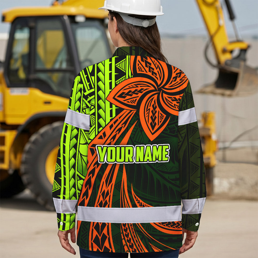 Hi Vis Hawaiian Long Sleeve Shirt Reflective Tape Orange Lime Neon Polynesian Hi-Vis Long Sleeve Shirt