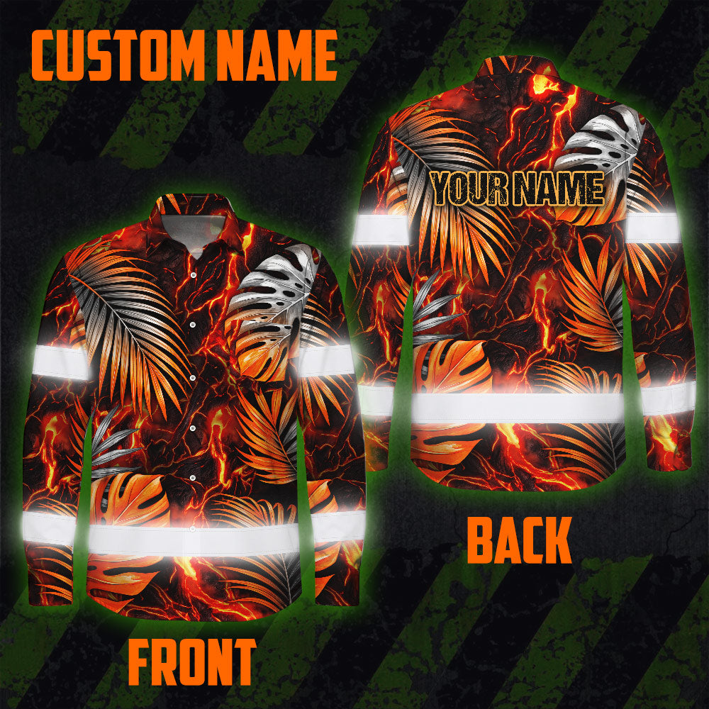 Hi Vis Hawaiian Long Sleeve Shirt Reflective Tape Orange Neon Leaves Hi-Vis Long Sleeve Shirt