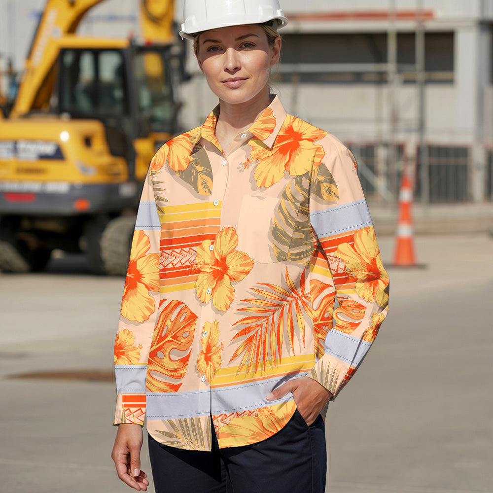 Hi Vis Hawaiian Long Sleeve Shirt Reflective Tape Orange Pastel Flower Hi-Vis Long Sleeve Shirt