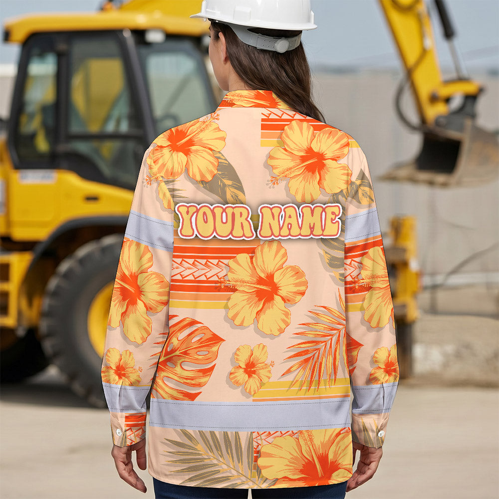 Hi Vis Hawaiian Long Sleeve Shirt Reflective Tape Orange Pastel Flower Hi-Vis Long Sleeve Shirt
