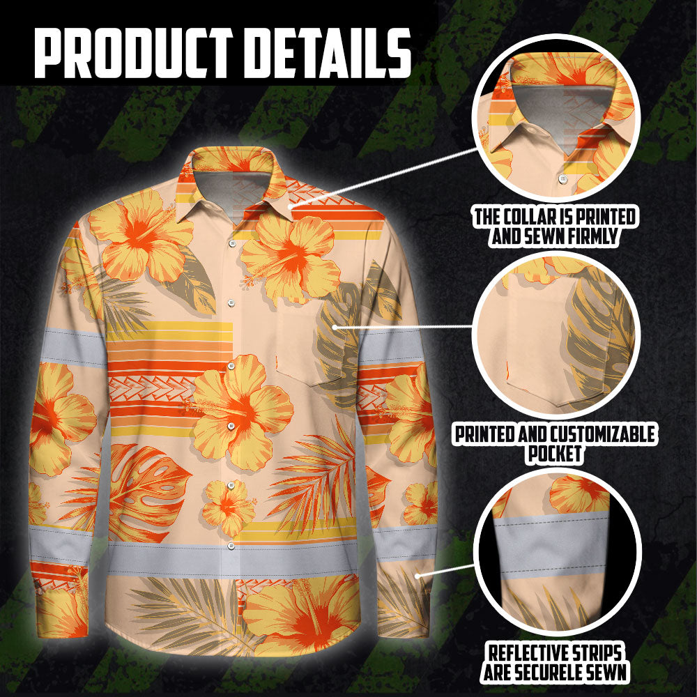 Hi Vis Hawaiian Long Sleeve Shirt Reflective Tape Orange Pastel Flower Hi-Vis Long Sleeve Shirt