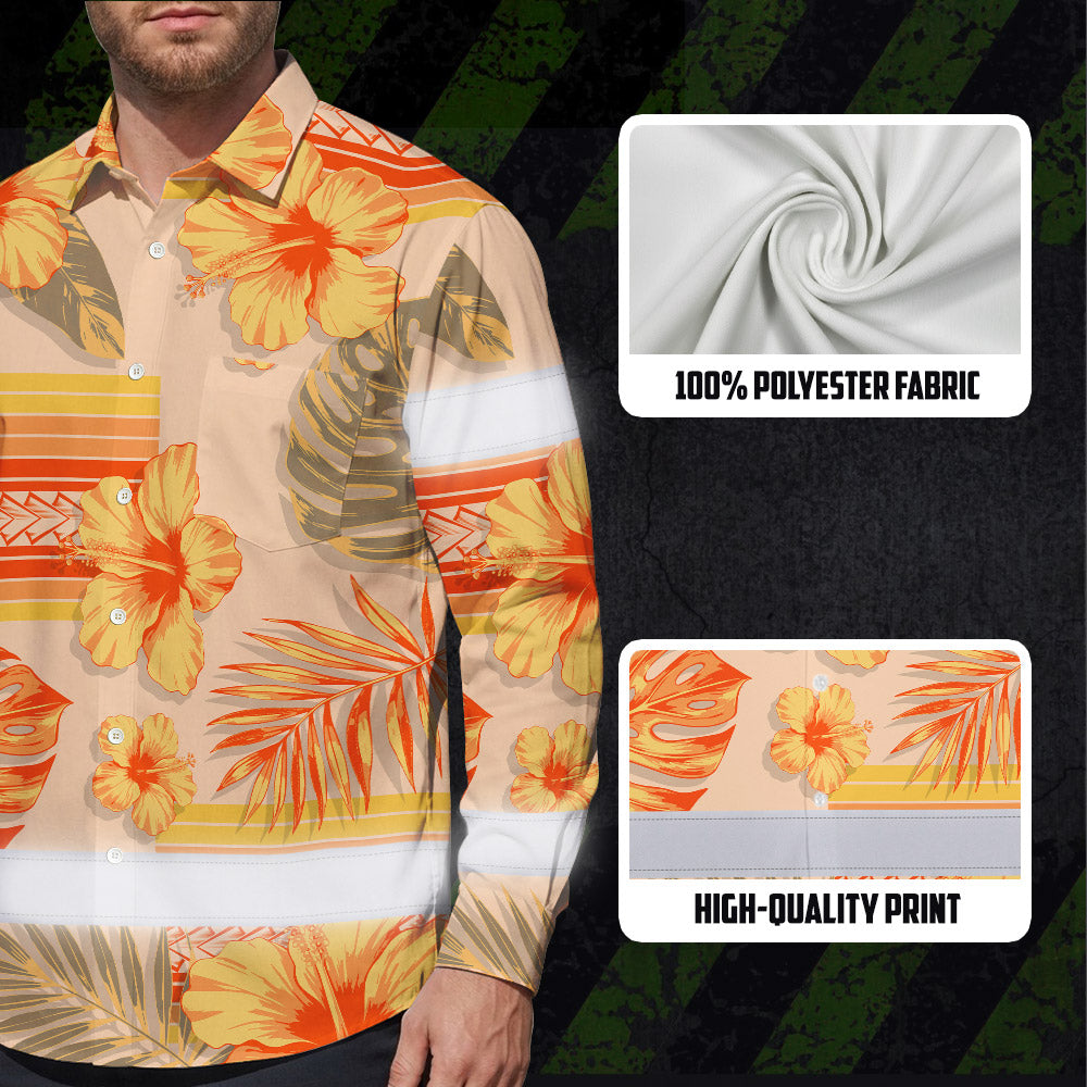 Hi Vis Hawaiian Long Sleeve Shirt Reflective Tape Orange Pastel Flower Hi-Vis Long Sleeve Shirt