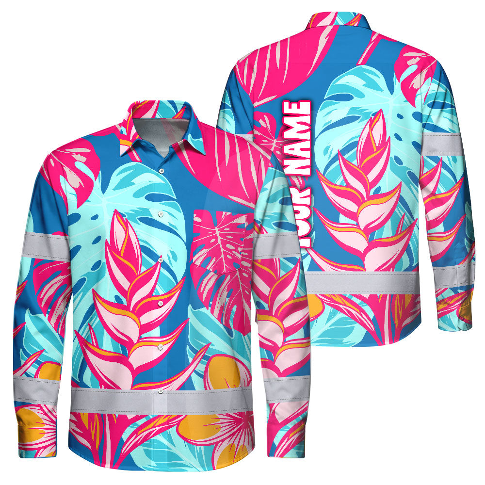 Hi Vis Hawaiian Long Sleeve Shirt Reflective Tape Pink Blue Flower Hi-Vis Long Sleeve Shirt
