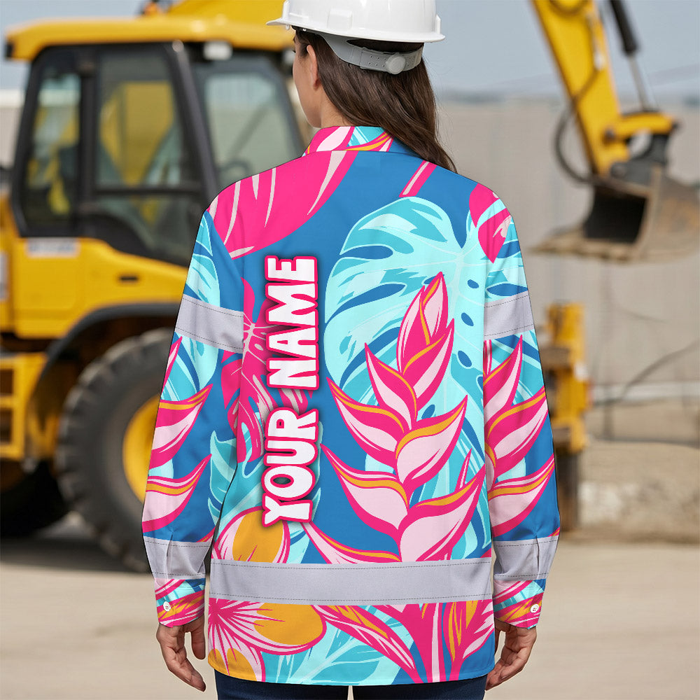 Hi Vis Hawaiian Long Sleeve Shirt Reflective Tape Pink Blue Flower Hi-Vis Long Sleeve Shirt