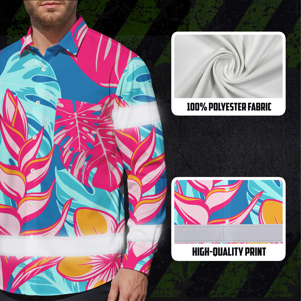 Hi Vis Hawaiian Long Sleeve Shirt Reflective Tape Pink Blue Flower Hi-Vis Long Sleeve Shirt