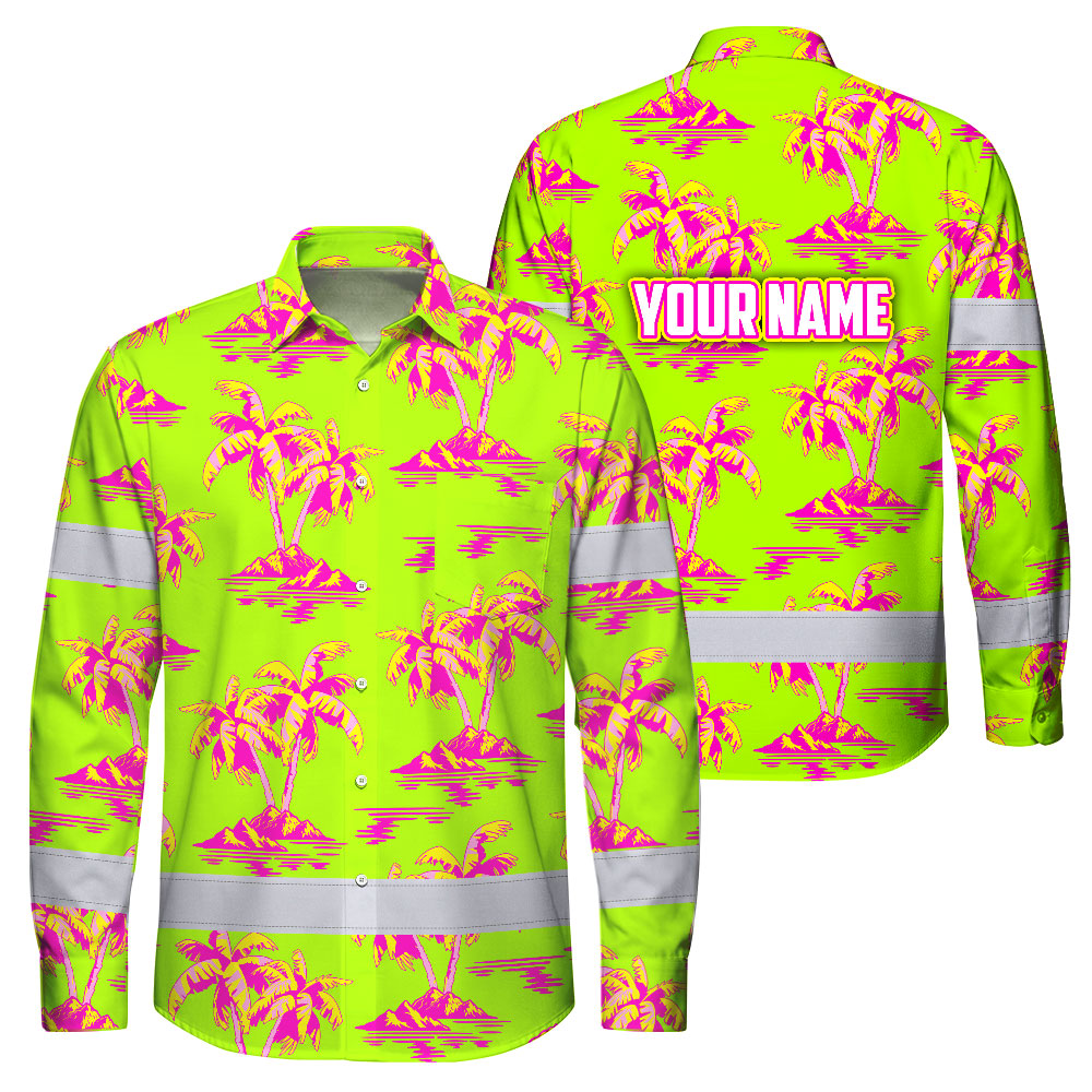 Hi Vis Hawaiian Long Sleeve Shirt Reflective Tape Pink Yellow Coconut Tree Hi-Vis Long Sleeve Shirt