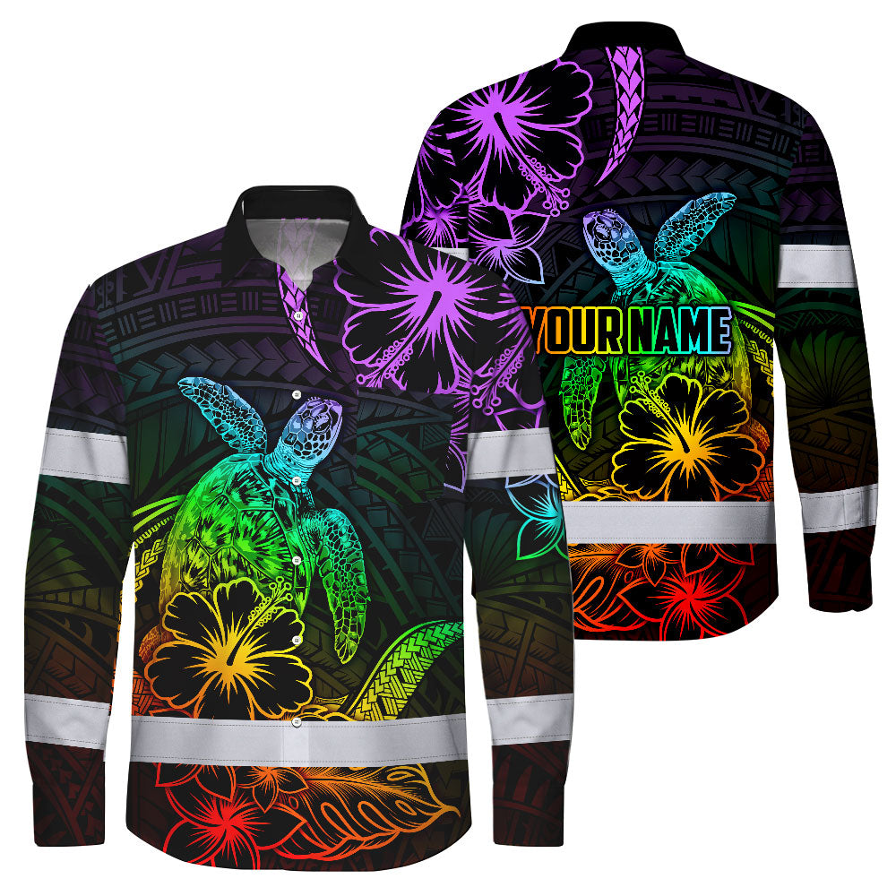 Hi Vis Hawaiian Long Sleeve Shirt Reflective Tape Rainbow Turtle Sea Hi-Vis Long Sleeve Shirt