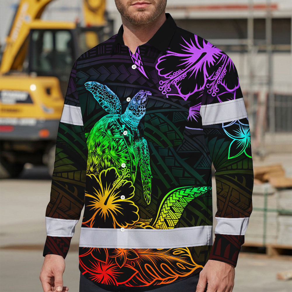 Hi Vis Hawaiian Long Sleeve Shirt Reflective Tape Rainbow Turtle Sea Hi-Vis Long Sleeve Shirt