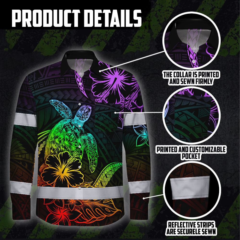 Hi Vis Hawaiian Long Sleeve Shirt Reflective Tape Rainbow Turtle Sea Hi-Vis Long Sleeve Shirt