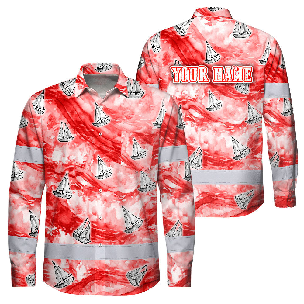 Hi Vis Hawaiian Long Sleeve Shirt Reflective Tape Red White Sea Boat Hi-Vis Long Sleeve Shirt