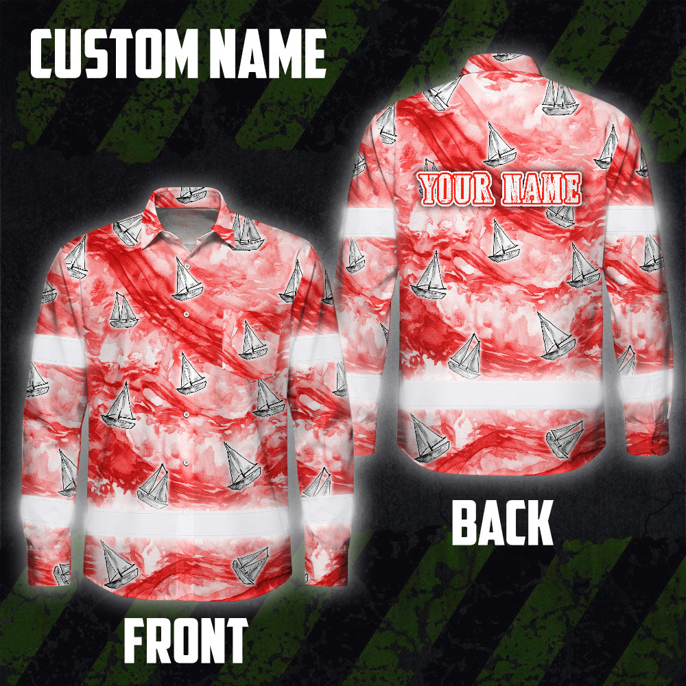 Hi Vis Hawaiian Long Sleeve Shirt Reflective Tape Red White Sea Boat Hi-Vis Long Sleeve Shirt