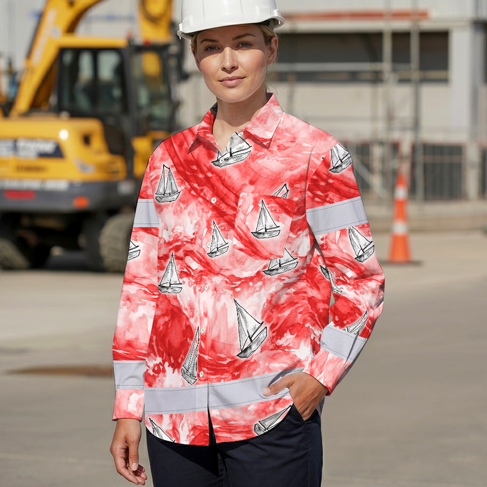 Hi Vis Hawaiian Long Sleeve Shirt Reflective Tape Red White Sea Boat Hi-Vis Long Sleeve Shirt