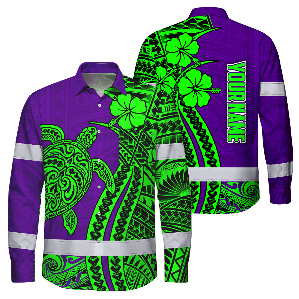 Hi Vis Hawaiian Long Sleeve Shirt Reflective Tape Violet Green Neon Polynesian Hi-Vis Long Sleeve Shirt