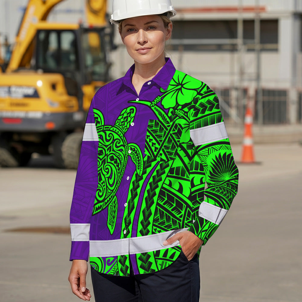 Hi Vis Hawaiian Long Sleeve Shirt Reflective Tape Violet Green Neon Polynesian Hi-Vis Long Sleeve Shirt