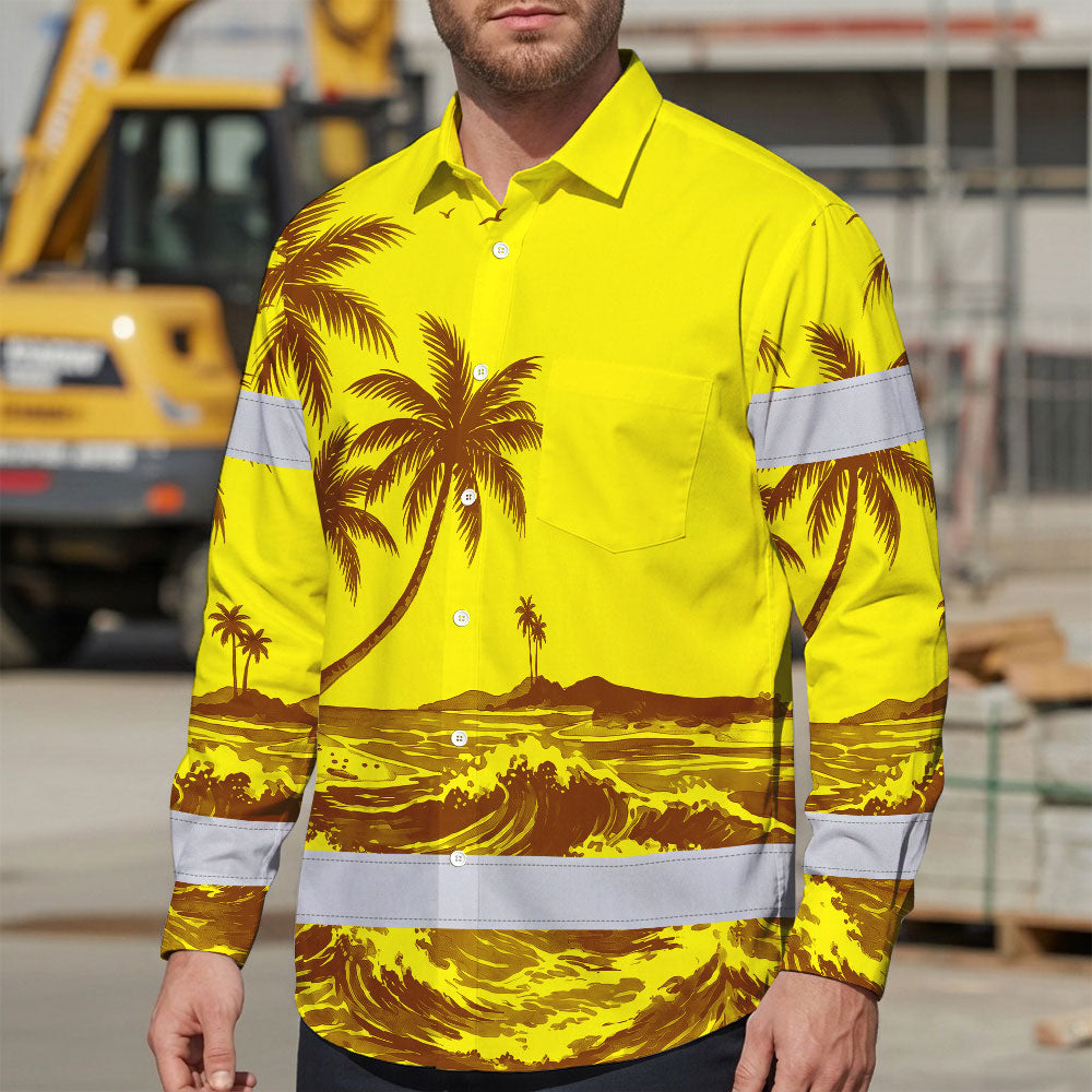 Hi Vis Hawaiian Long Sleeve Shirt Reflective Tape Yellow Neon Coconut Tree Hi-Vis Long Sleeve Shirt
