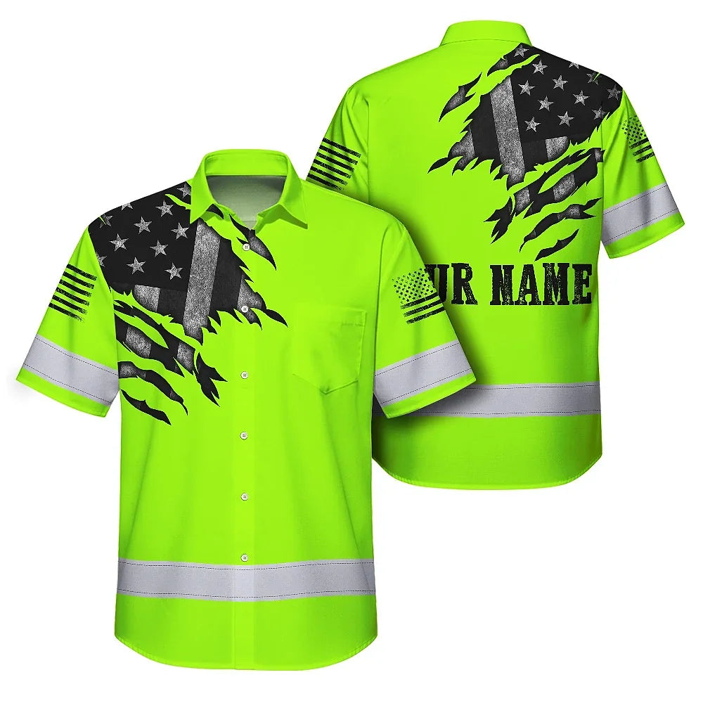Featuring Green Scratch US Flag And Personalized Name For Patriotism Hi-Vis Hawaiian Shirt