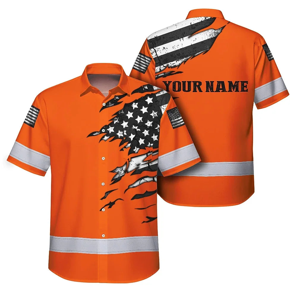 Scratch Orange Neon US Flag Hi-Vis Hawaiian Shirt