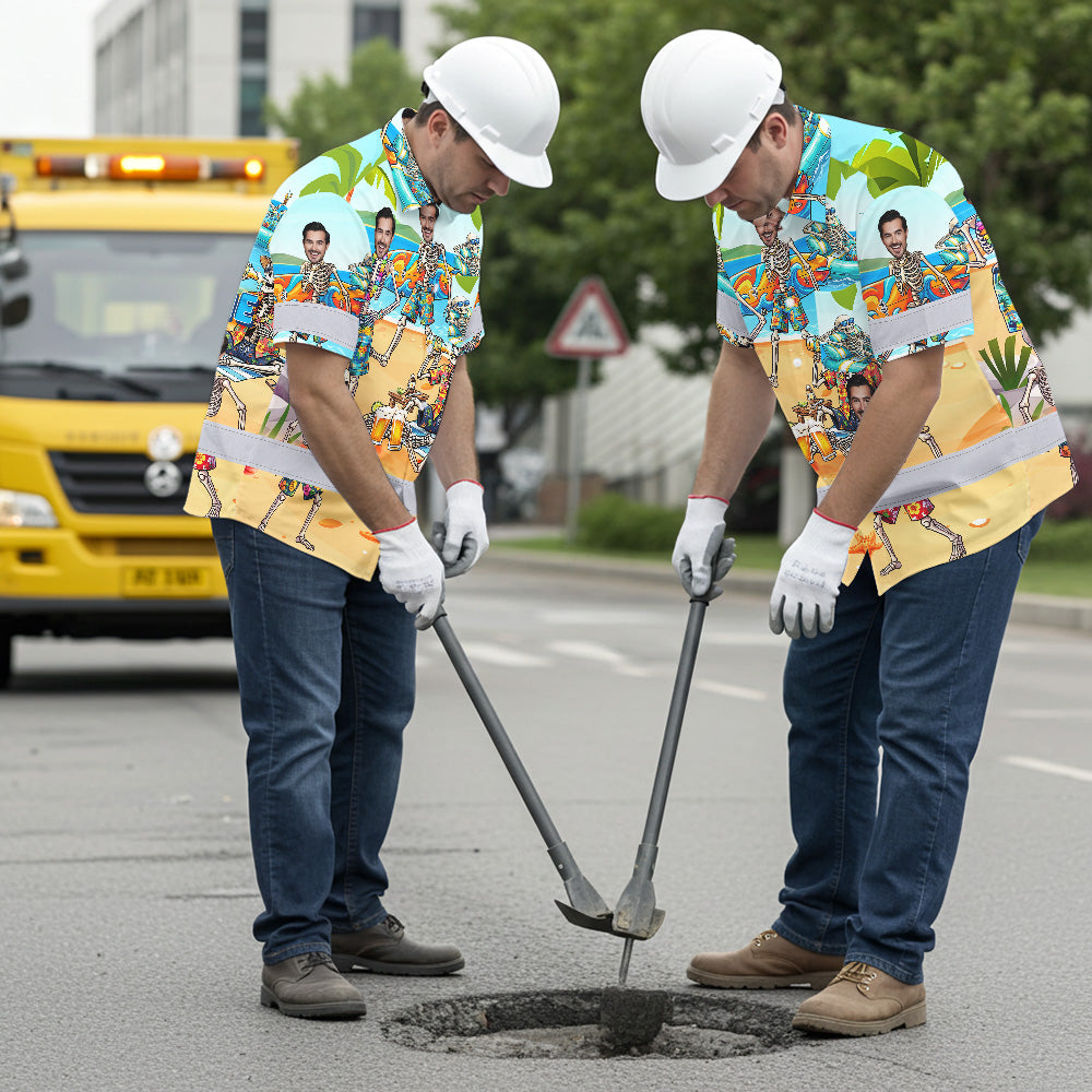 Funny Skeleton Beach Surfing Hi-Vis Hawaiian Shirt