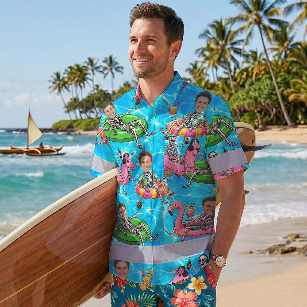 Funny Skeleton Pool Float Hi-Vis Hawaiian Shirt
