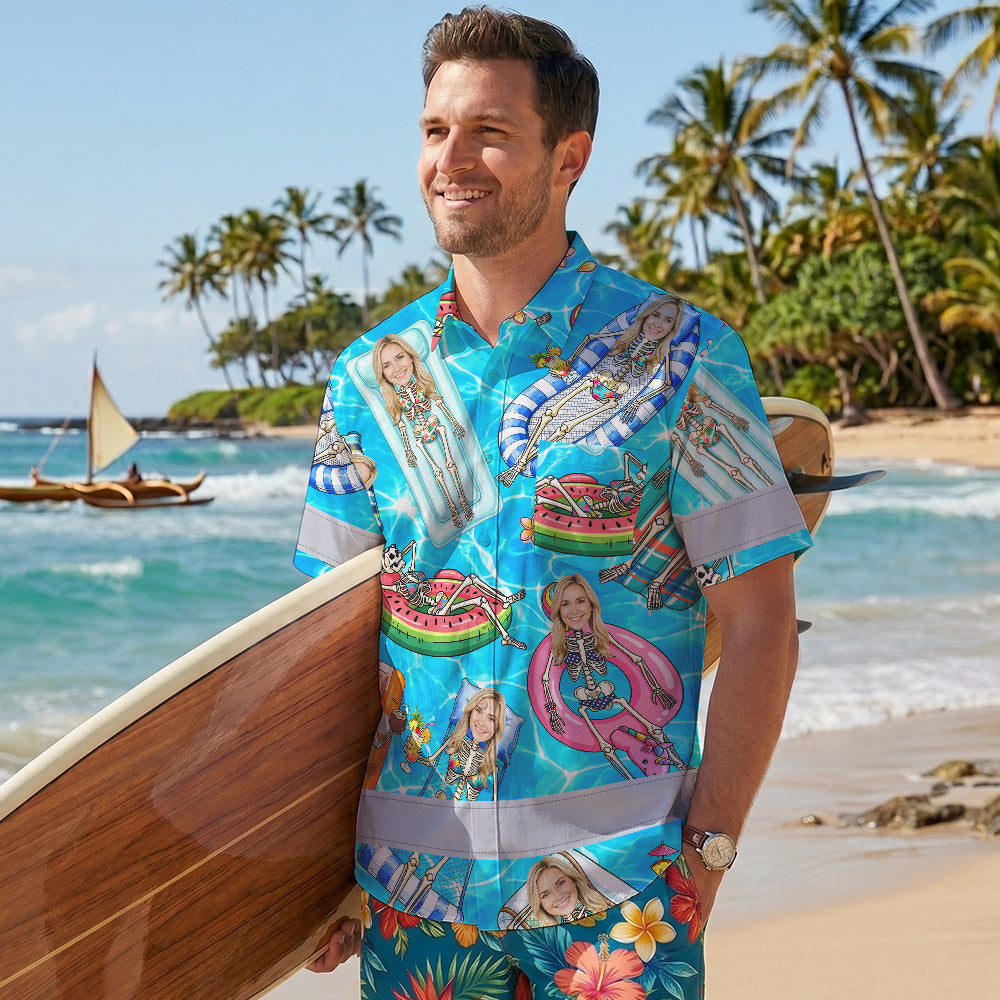 Funny Skeleton Pool Vacation Hi-Vis Hawaiian Shirt