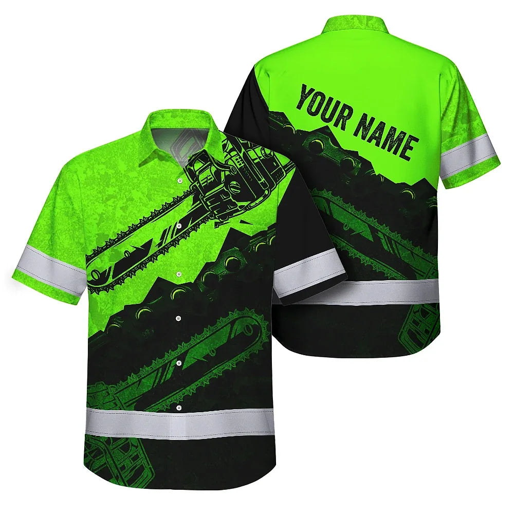 Green Neon Chainsaw Logger Custom Hi-Vis Hawaiian Shirt